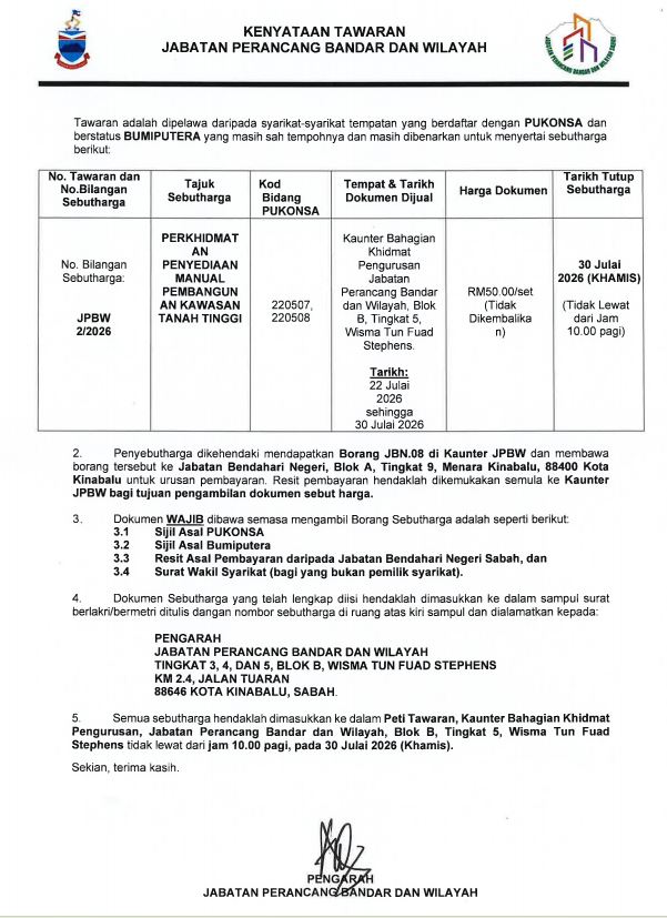 KENYATAAN TAWARAN | PERKHIDMATAN PENYEDIAAN MANUAL PEMBANGUNAN KAWASAN TANAH TINGGI