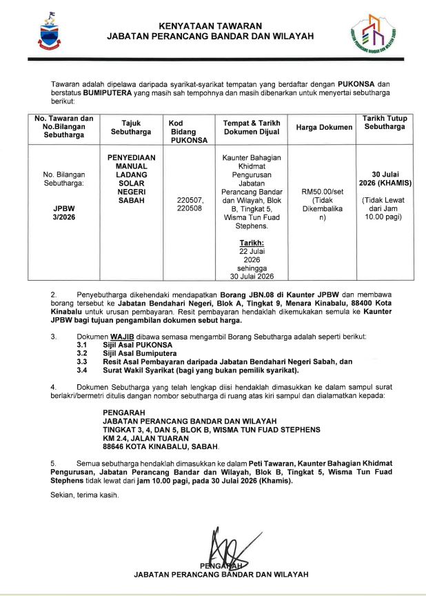 KENYATAAN TAWARAN |  PENYEDIAAN MANUAL LADANG SOLAR NEGERI SABAH